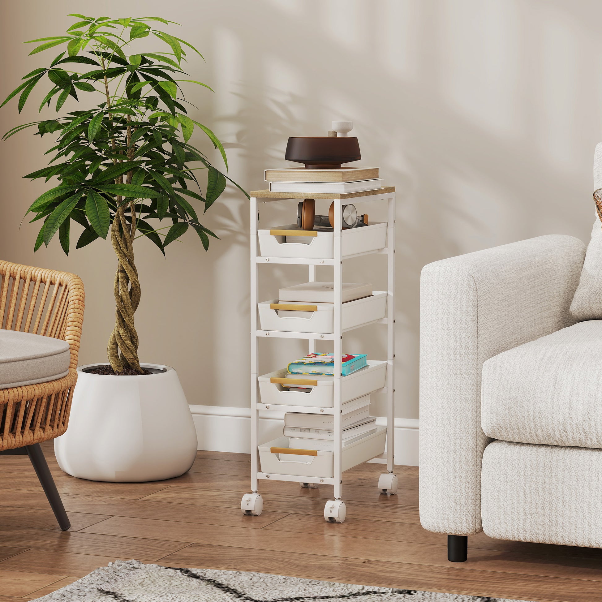 5-Level Kitchen Storage Cart with Wheels Wood-Effect Board and 4 Removable Drawers Kitchen Cart for Dining Room Living Room 39.5x24x82 cm White
