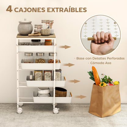 5-Level Kitchen Storage Cart with Wheels Wood-Effect Board and 4 Removable Drawers Kitchen Cart for Dining Room Living Room 39.5x24x82 cm White