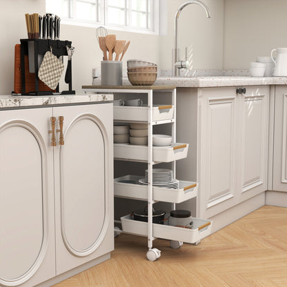 5-Level Kitchen Storage Cart with Wheels Wood-Effect Board and 4 Removable Drawers Kitchen Cart for Dining Room Living Room 39.5x24x82 cm White