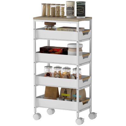 5-Level Kitchen Storage Cart with Wheels Wood-Effect Board and 4 Removable Drawers Kitchen Cart for Dining Room Living Room 39.5x24x82 cm White