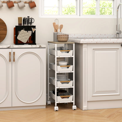 5-Level Kitchen Storage Cart with Wheels Wood-Effect Board and 4 Removable Drawers Kitchen Cart for Dining Room Living Room 39.5x24x82 cm White