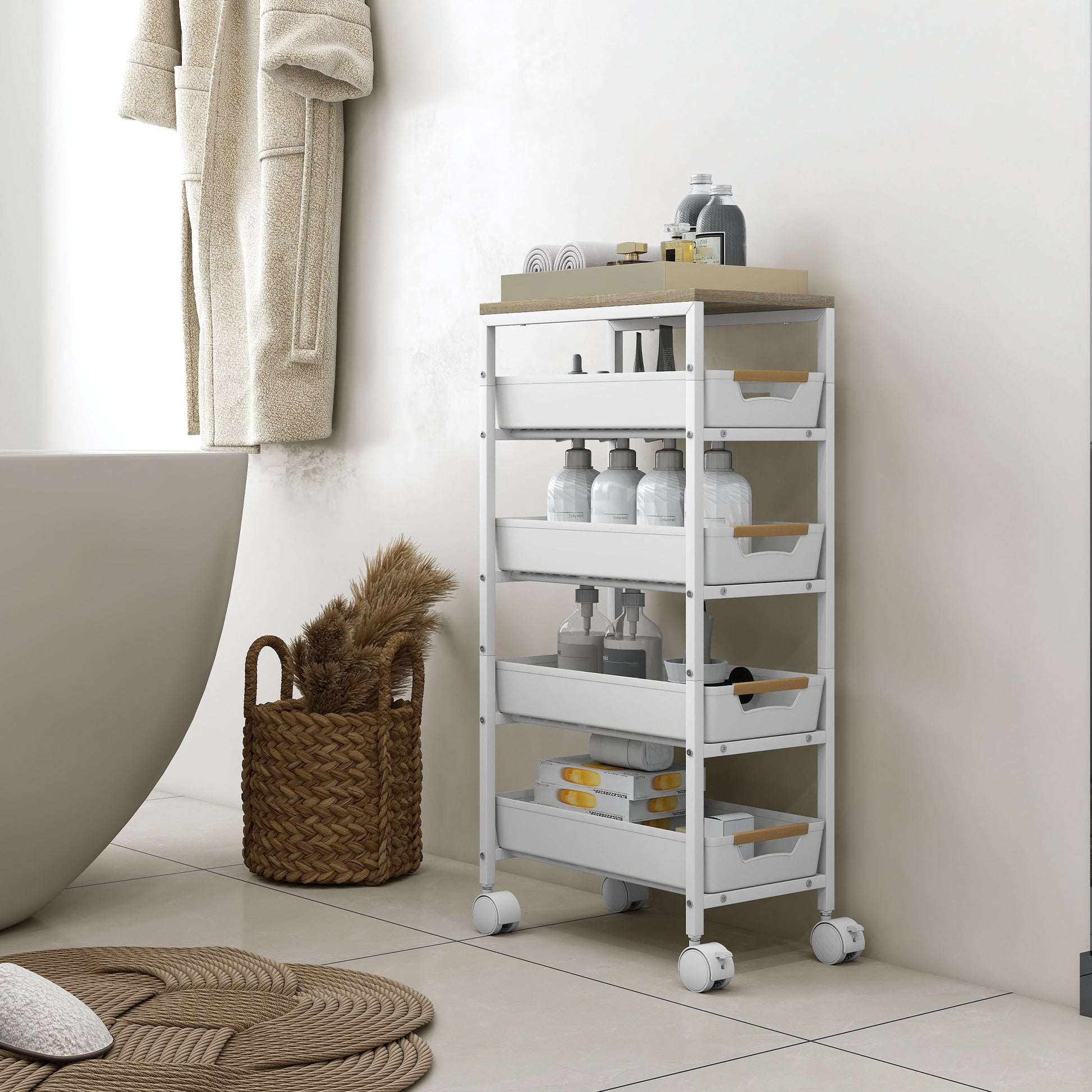 5-Level Kitchen Storage Cart with Wheels Wood-Effect Board and 4 Removable Drawers Kitchen Cart for Dining Room Living Room 39.5x24x82 cm White