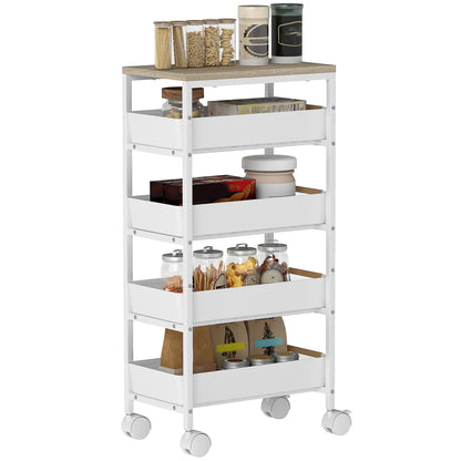 5-Level Kitchen Storage Cart with Wheels Wood-Effect Board and 4 Removable Drawers Kitchen Cart for Dining Room Living Room 39.5x24x82 cm White