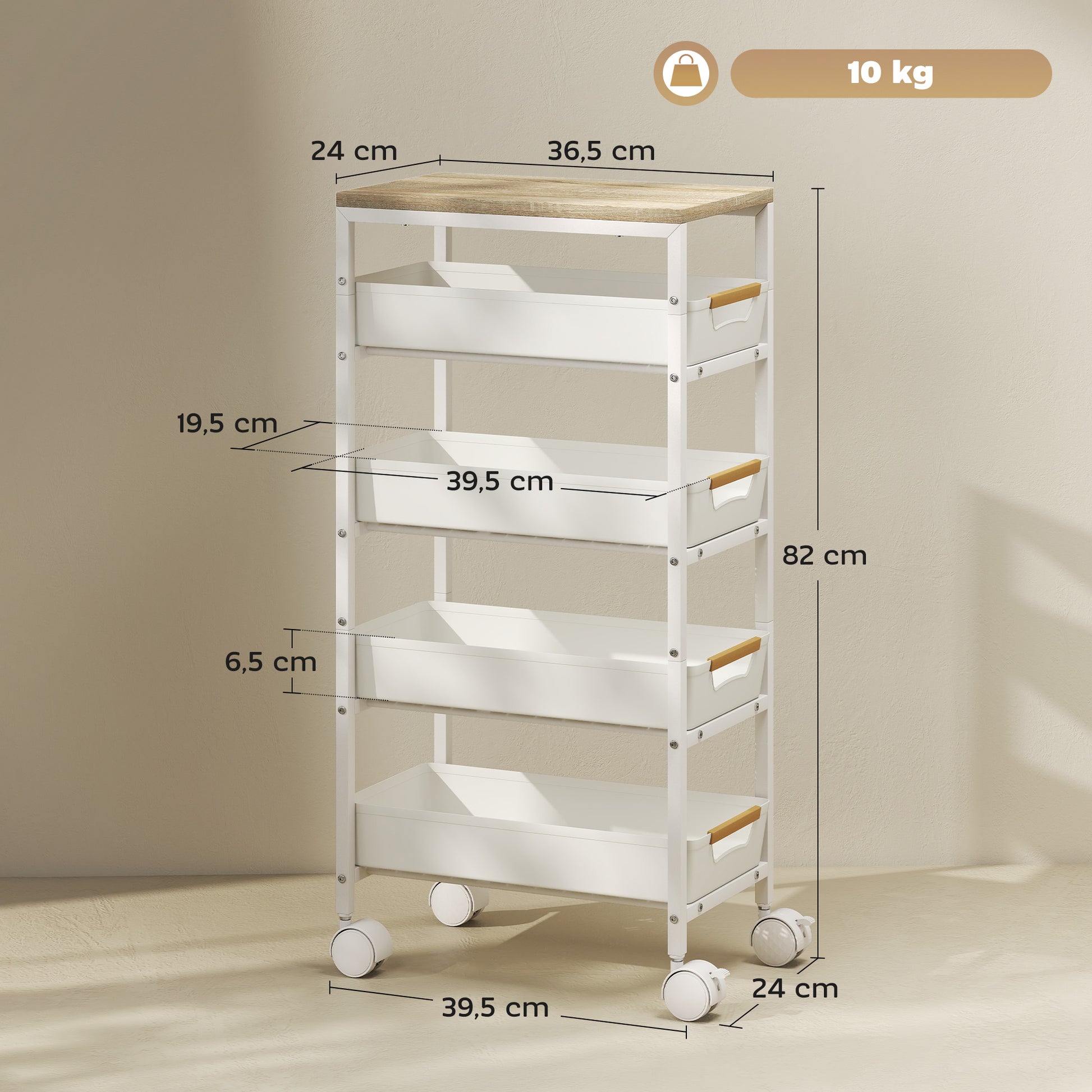 5-Level Kitchen Storage Cart with Wheels Wood-Effect Board and 4 Removable Drawers Kitchen Cart for Dining Room Living Room 39.5x24x82 cm White