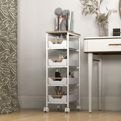 5-Level Kitchen Storage Cart with Wheels Wood-Effect Board and 4 Removable Drawers Kitchen Cart for Dining Room Living Room 39.5x24x82 cm White