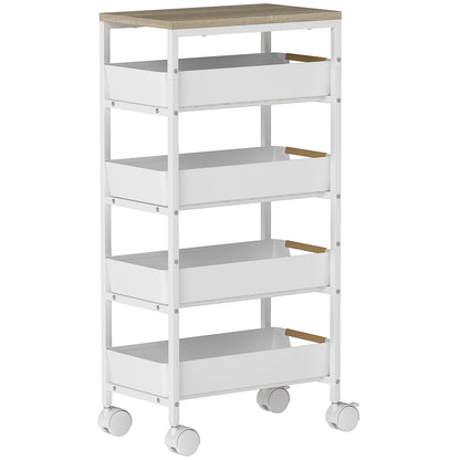 5-Level Kitchen Storage Cart with Wheels Wood-Effect Board and 4 Removable Drawers Kitchen Cart for Dining Room Living Room 39.5x24x82 cm White