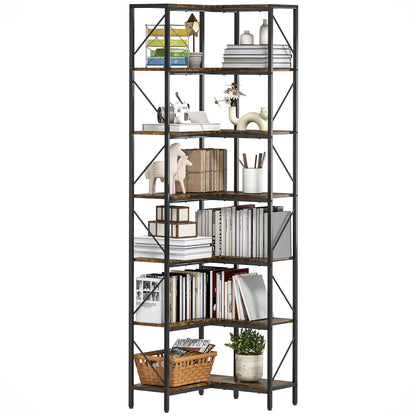 7-Tier L-Shaped Corner Bookshelf, Industrial Storage Shelf with Shelves for Living Room, Bedroom, Office, 60 x 60 x 198 cm, Rustic Brown