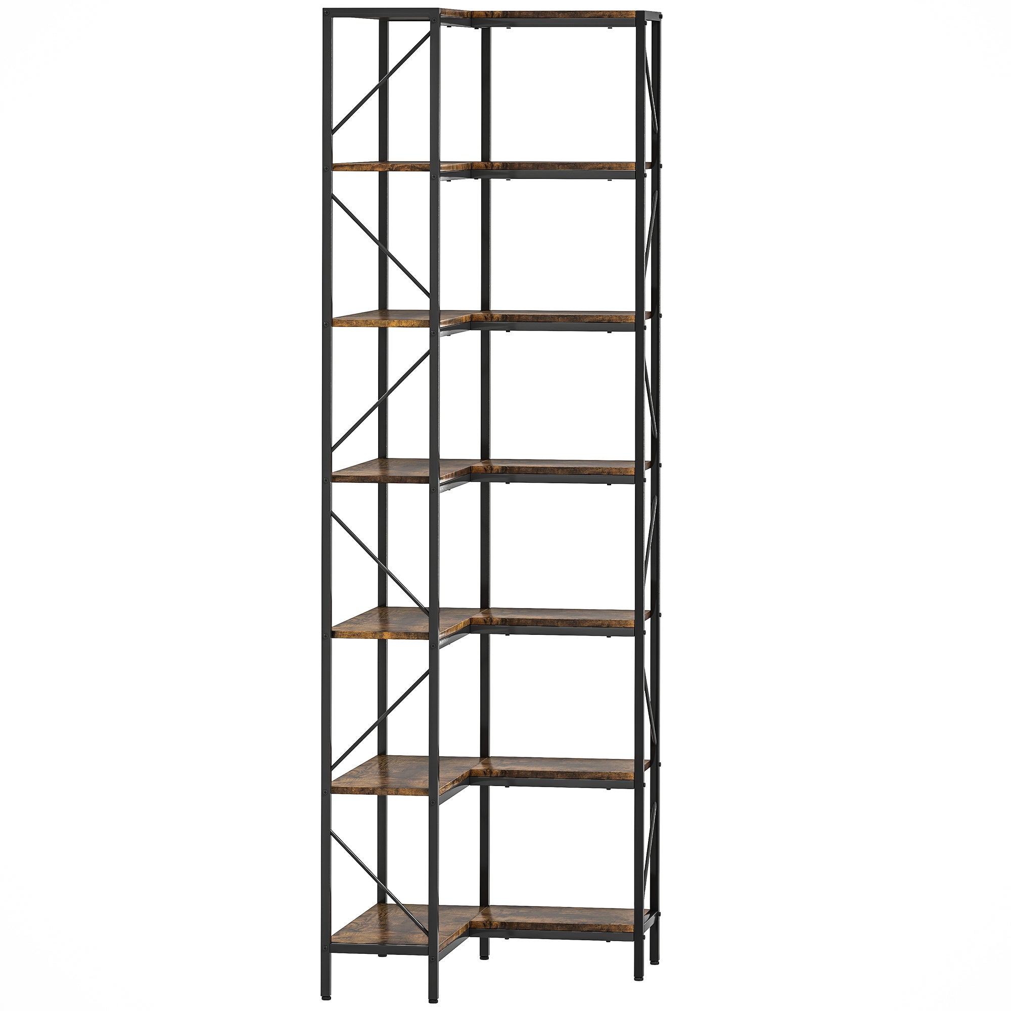 7-Tier L-Shaped Corner Bookshelf, Industrial Storage Shelf with Shelves for Living Room, Bedroom, Office, 60 x 60 x 198 cm, Rustic Brown