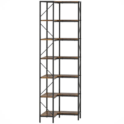 7-Tier L-Shaped Corner Bookshelf, Industrial Storage Shelf with Shelves for Living Room, Bedroom, Office, 60 x 60 x 198 cm, Rustic Brown