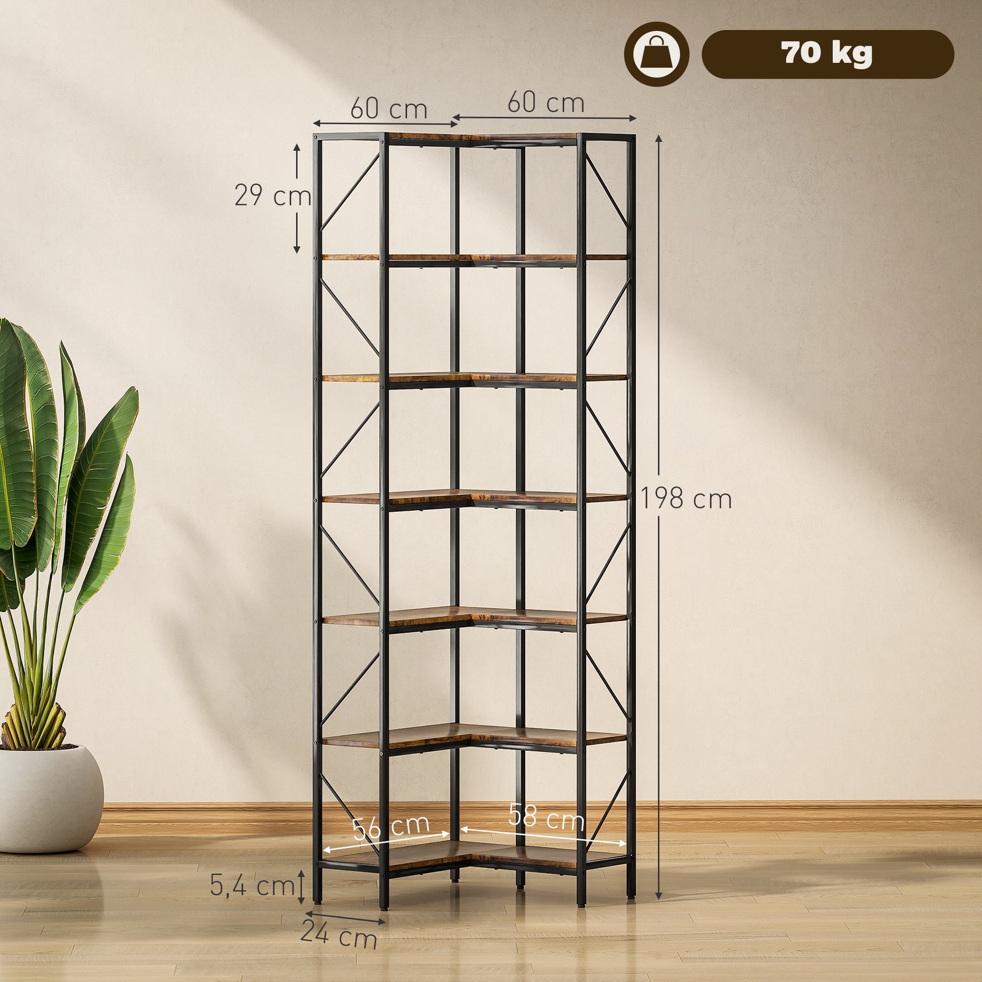 7-Tier L-Shaped Corner Bookshelf, Industrial Storage Shelf with Shelves for Living Room, Bedroom, Office, 60 x 60 x 198 cm, Rustic Brown