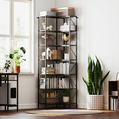 7-Tier L-Shaped Corner Bookshelf, Industrial Storage Shelf with Shelves for Living Room, Bedroom, Office, 60 x 60 x 198 cm, Rustic Brown