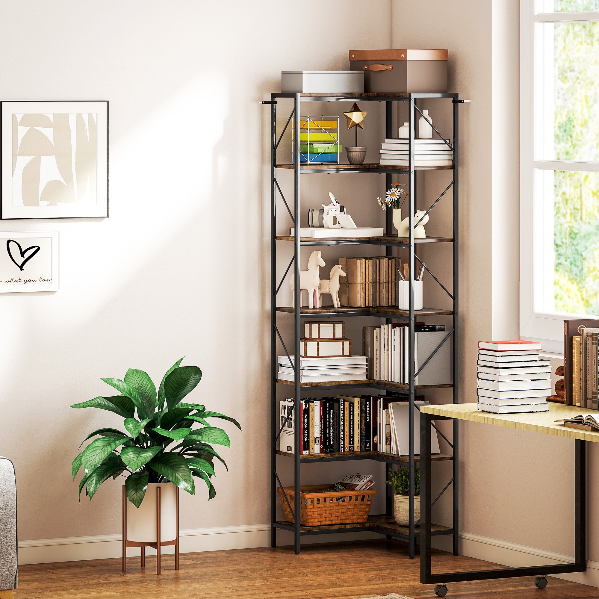 7-Tier L-Shaped Corner Bookshelf, Industrial Storage Shelf with Shelves for Living Room, Bedroom, Office, 60 x 60 x 198 cm, Rustic Brown