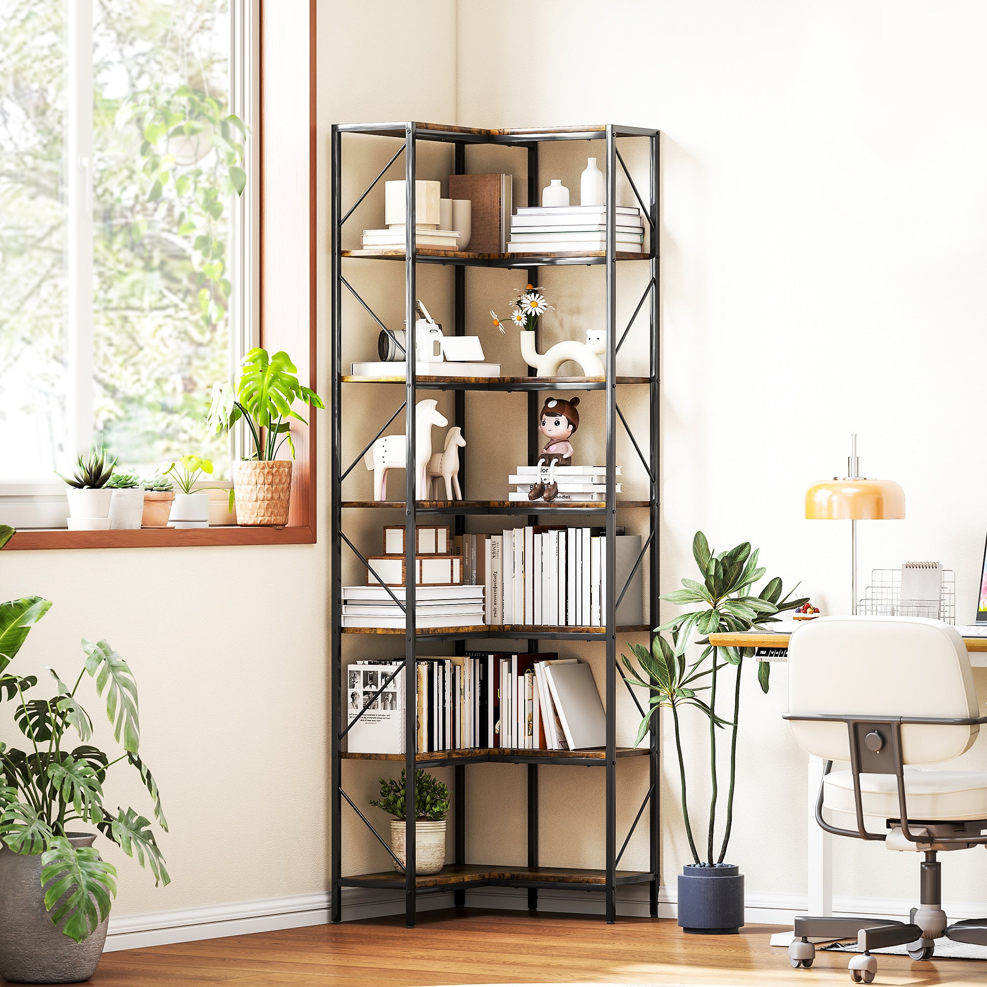7-Tier L-Shaped Corner Bookshelf, Industrial Storage Shelf with Shelves for Living Room, Bedroom, Office, 60 x 60 x 198 cm, Rustic Brown