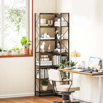 7-Tier L-Shaped Corner Bookshelf, Industrial Storage Shelf with Shelves for Living Room, Bedroom, Office, 60 x 60 x 198 cm, Rustic Brown