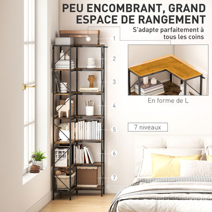 7-Tier L-Shaped Corner Bookshelf, Industrial Storage Shelf with Shelves for Living Room, Bedroom, Office, 60 x 60 x 198 cm, Rustic Brown