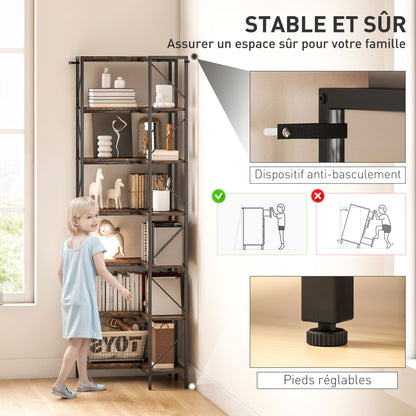 7-Tier L-Shaped Corner Bookshelf, Industrial Storage Shelf with Shelves for Living Room, Bedroom, Office, 60 x 60 x 198 cm, Rustic Brown