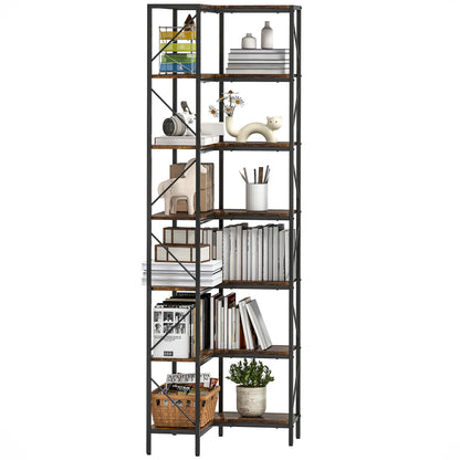7-Tier L-Shaped Corner Bookshelf, Industrial Storage Shelf with Shelves for Living Room, Bedroom, Office, 60 x 60 x 198 cm, Rustic Brown