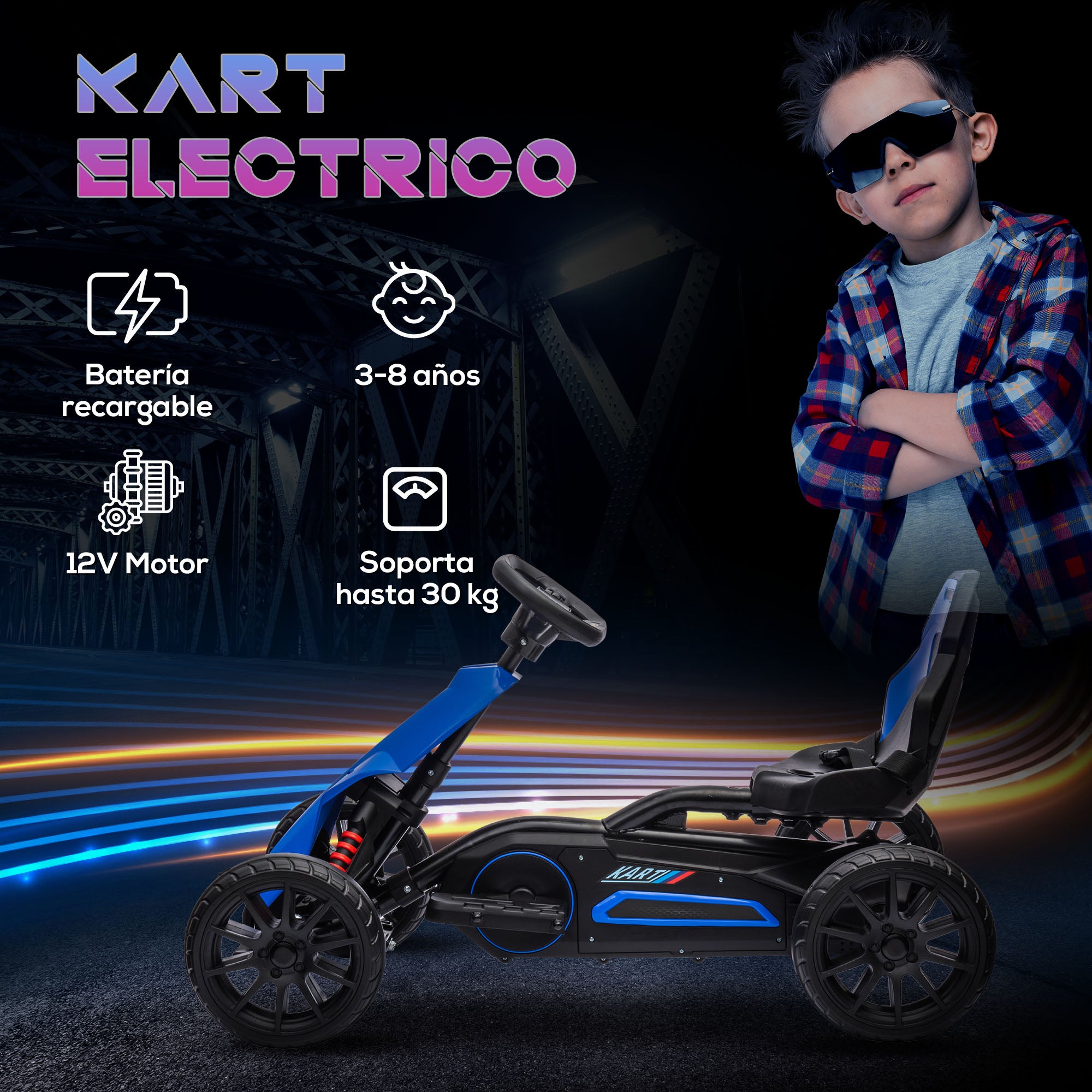 Electric Go-Kart for Kids 3-8 Years Old with 12V Battery Speed Adjustable 3-5 km/h and Safety Belt Load 30 kg for Outdoor Use 100x58x58.5 cm Blue