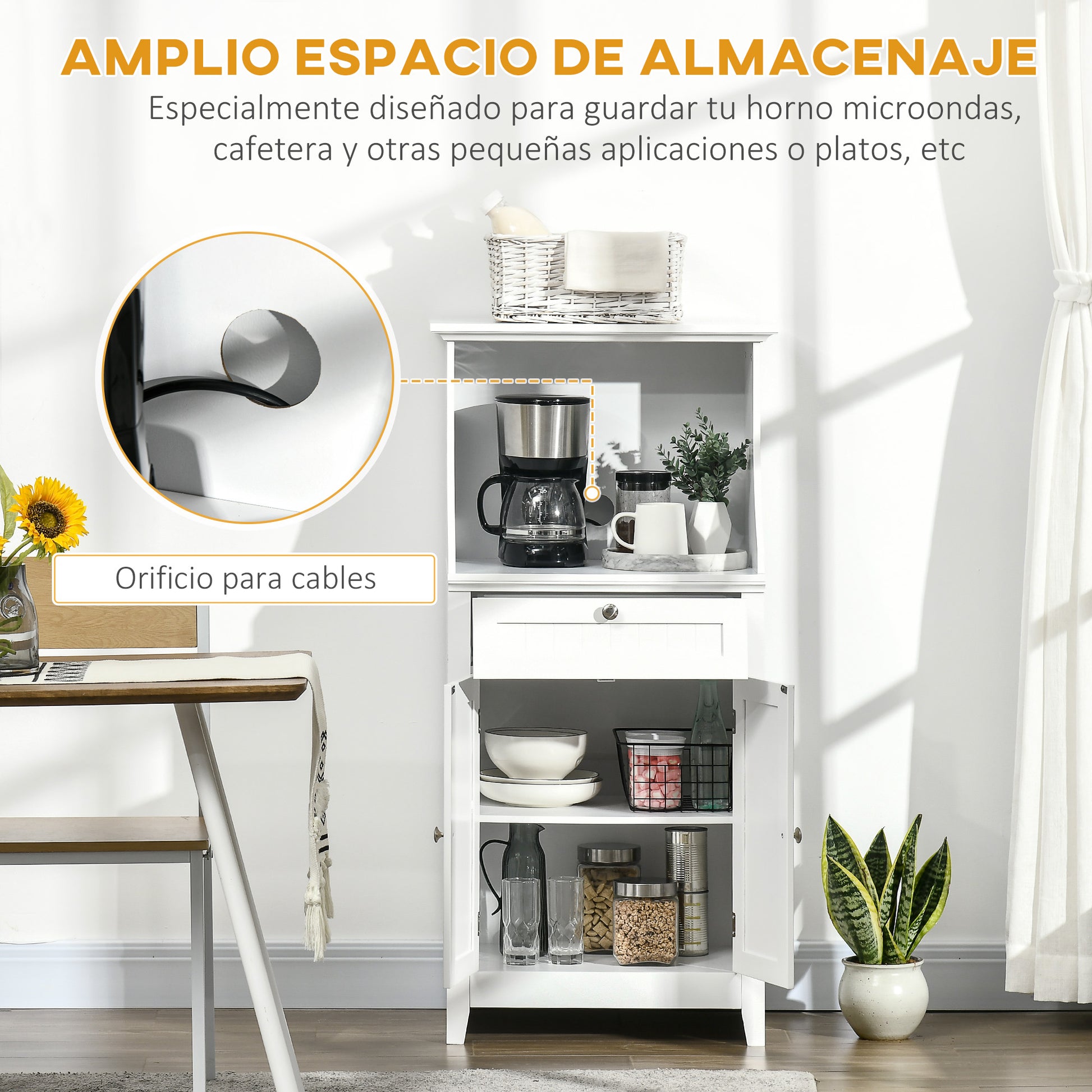 Kitchen Utility Cart Microwave Cabinet Kitchen Sideboard with Drawer Shelf 2 Doors Compartment Anti-Tipping Design for Dining Room 60x40x122.5 cm White