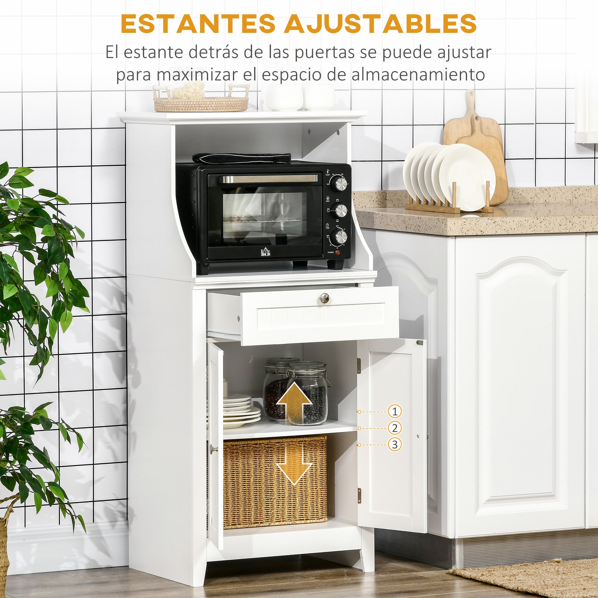 Kitchen Utility Cart Microwave Cabinet Kitchen Sideboard with Drawer Shelf 2 Doors Compartment Anti-Tipping Design for Dining Room 60x40x122.5 cm White