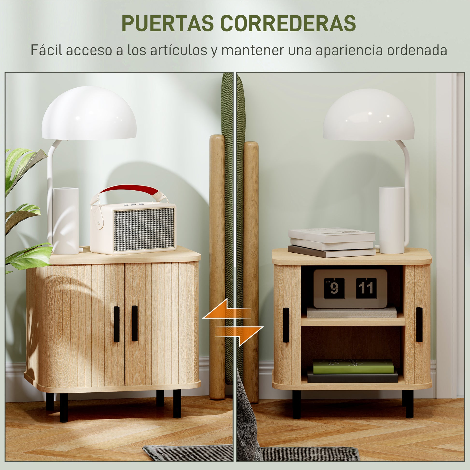 Bedside Table Nightstand with Sliding Doors 2 Shelves and Steel Legs Scandinavian Style for Living Room 48x40x48 cm Oak