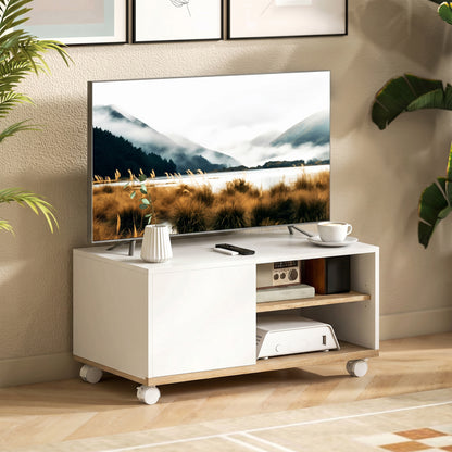 Rolling TV Stand with Cabinet, Cable Management & Adjustable Shelf, Fits TVs up to 32", White & Oak, 31.5 x 17.7 x 16.1 in