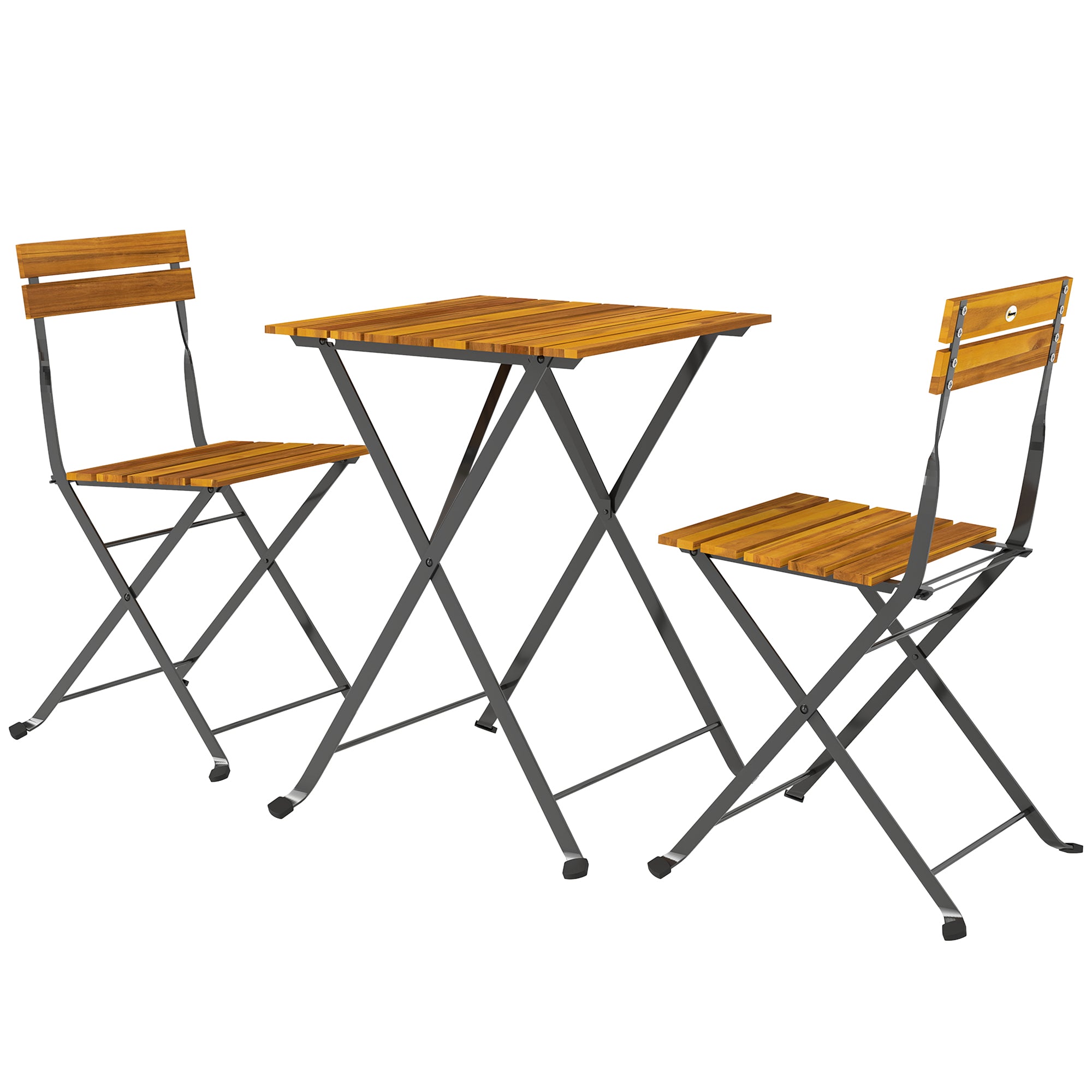 3-Piece Teak Bistro Set for 2 – Folding Table + 2 Folding Chairs, Steel-Frame Patio/Balcony Dining Set