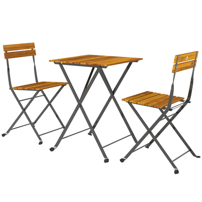 3-Piece Teak Bistro Set for 2 – Folding Table + 2 Folding Chairs, Steel-Frame Patio/Balcony Dining Set