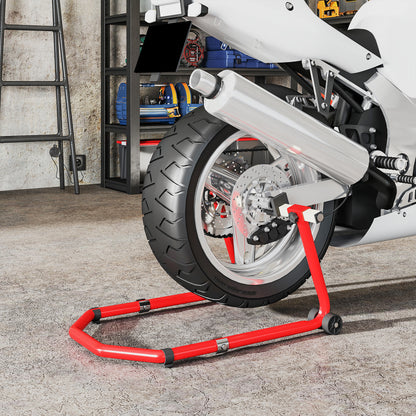 Universal Motorcycle Lift Stand 390 kg Load Front and Rear Wheel Support Convertible with Adjustable U and L Fork Adapters and Wheels for Repair Maintenance