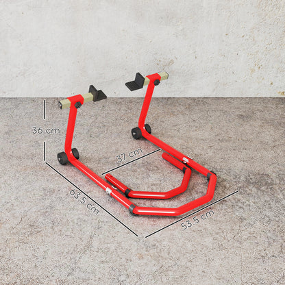 Universal Motorcycle Lift Stand 390 kg Load Front and Rear Wheel Support Convertible with Adjustable U and L Fork Adapters and Wheels for Repair Maintenance