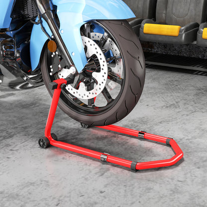 Universal Motorcycle Lift Stand 390 kg Load Front and Rear Wheel Support Convertible with Adjustable U and L Fork Adapters and Wheels for Repair Maintenance