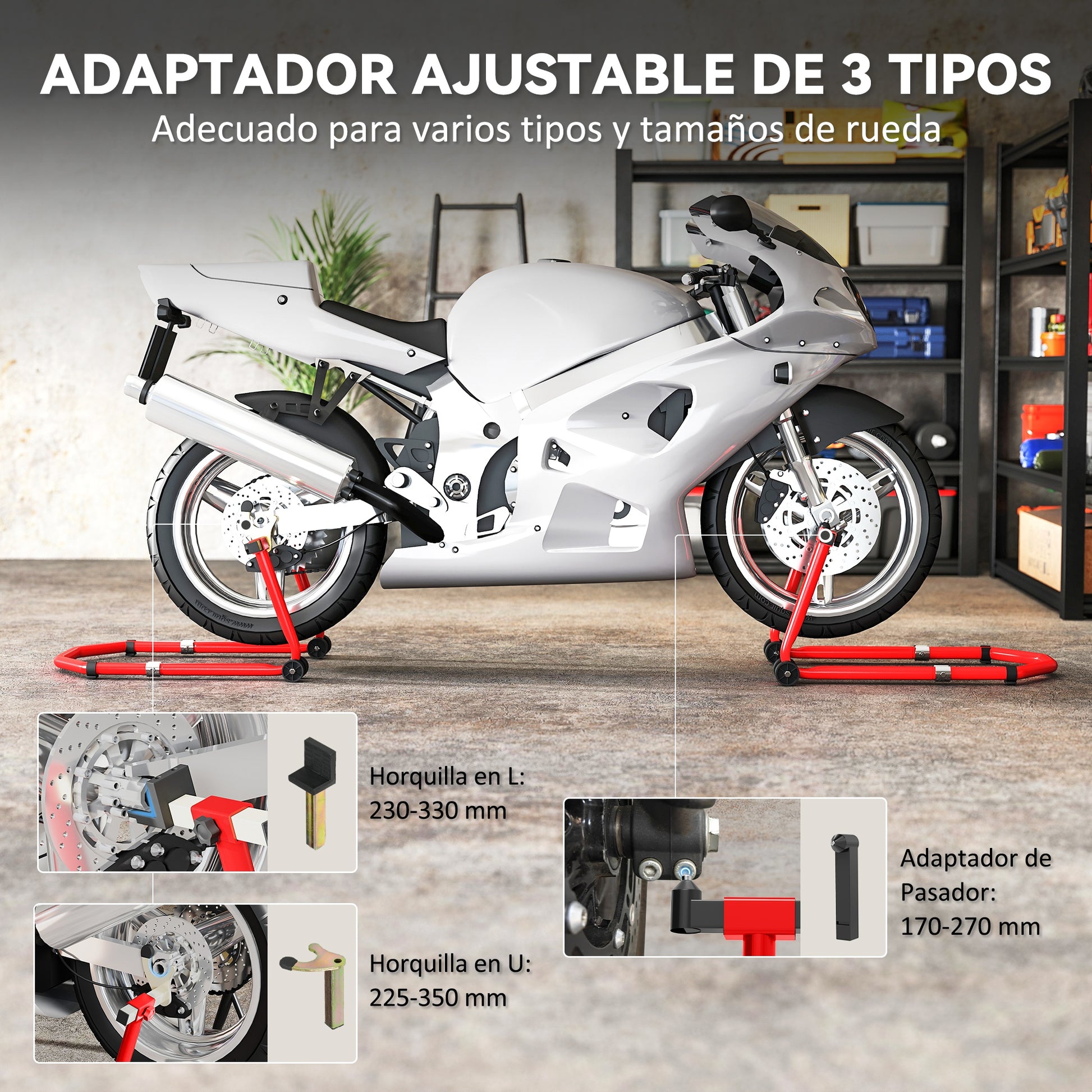 Universal Motorcycle Lift Stand 390 kg Load Front and Rear Wheel Support Convertible with Adjustable U and L Fork Adapters and Wheels for Repair Maintenance