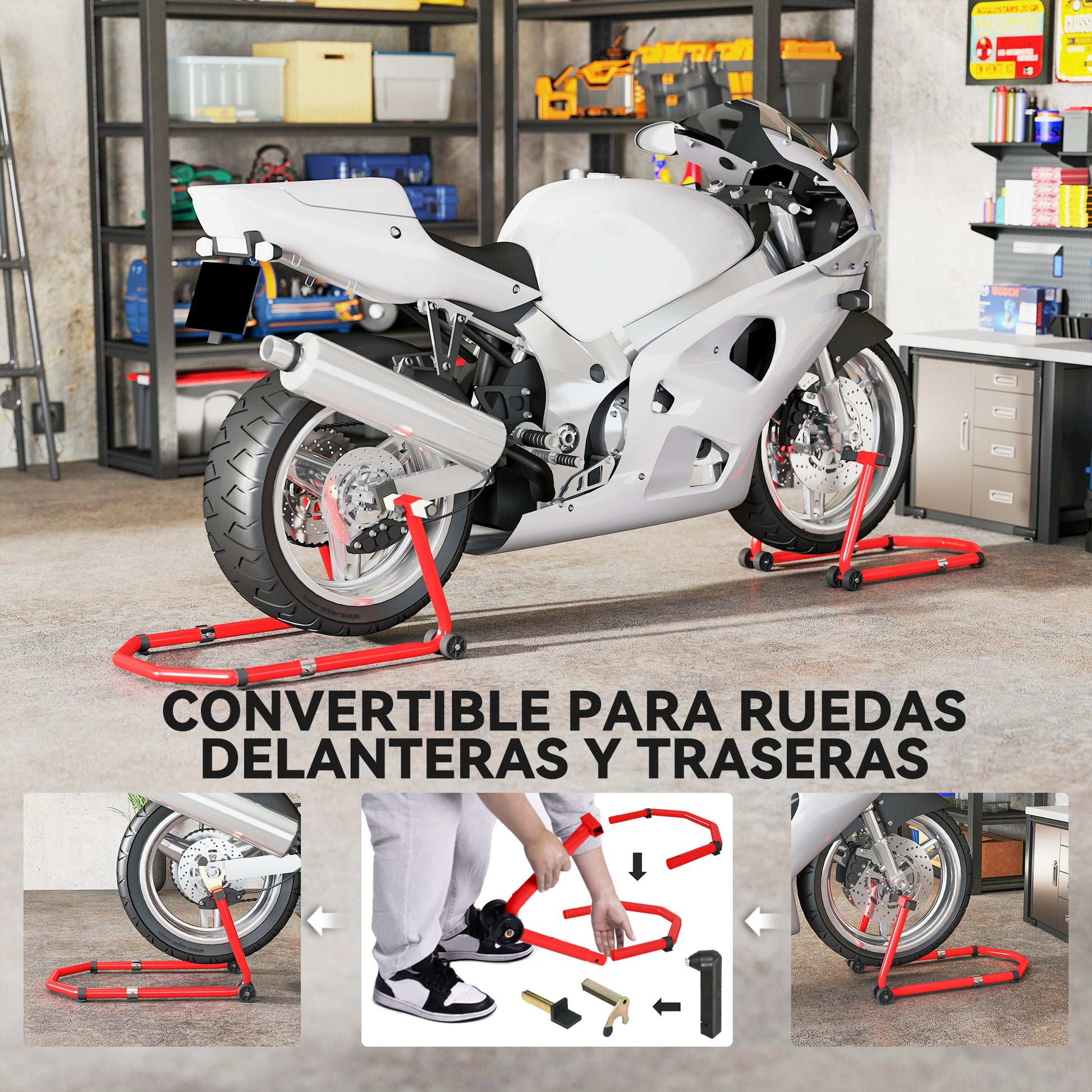 Universal Motorcycle Lift Stand 390 kg Load Front and Rear Wheel Support Convertible with Adjustable U and L Fork Adapters and Wheels for Repair Maintenance
