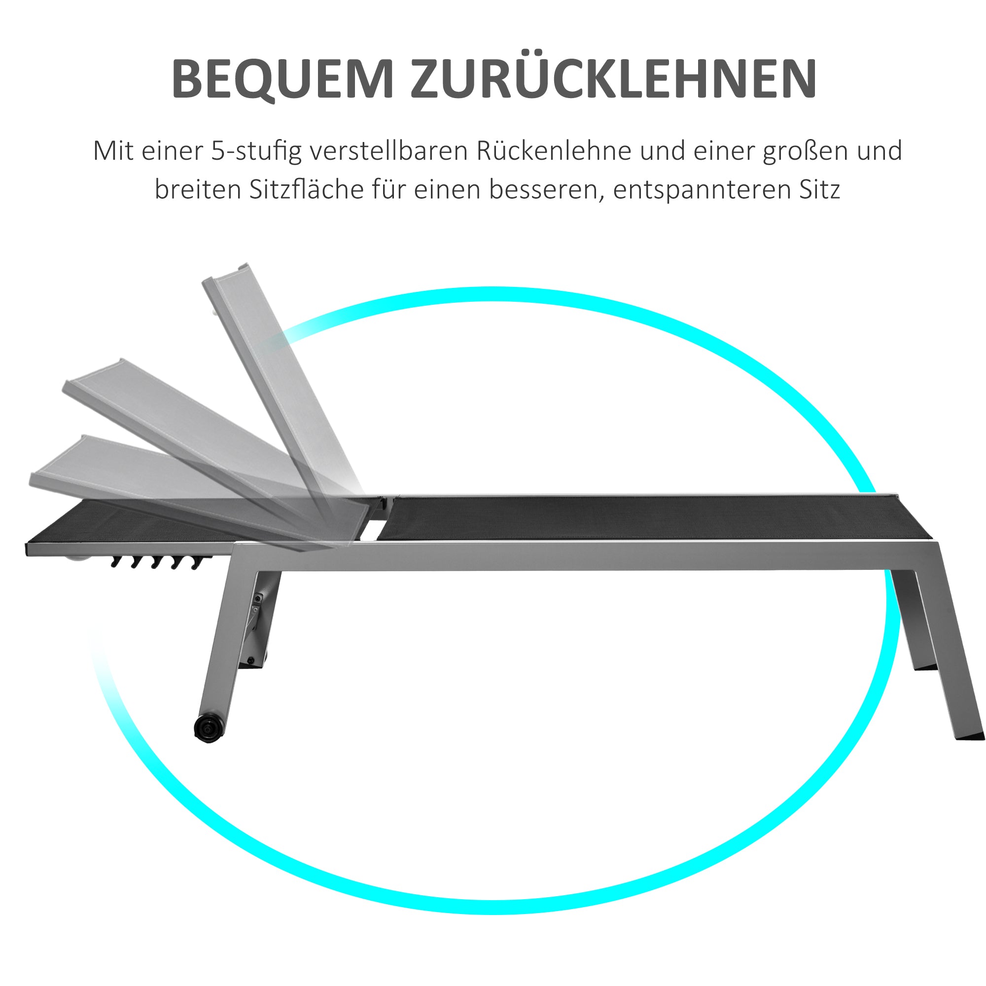 Sun Lounger, Garden Lounger, 5-Position Backrest, Aluminum, Black, 202 x 65 x 43 cm