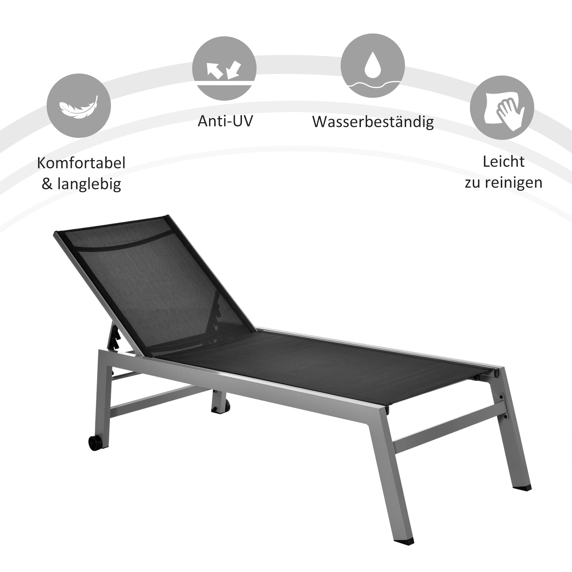 Sun Lounger, Garden Lounger, 5-Position Backrest, Aluminum, Black, 202 x 65 x 43 cm