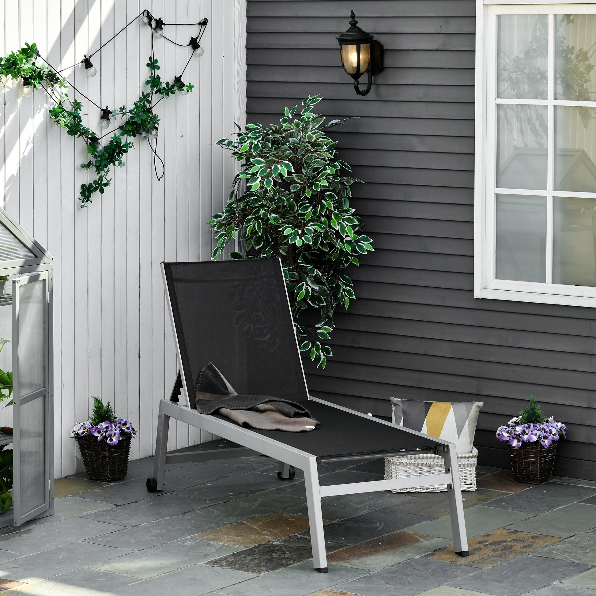 Sun Lounger, Garden Lounger, 5-Position Backrest, Aluminum, Black, 202 x 65 x 43 cm