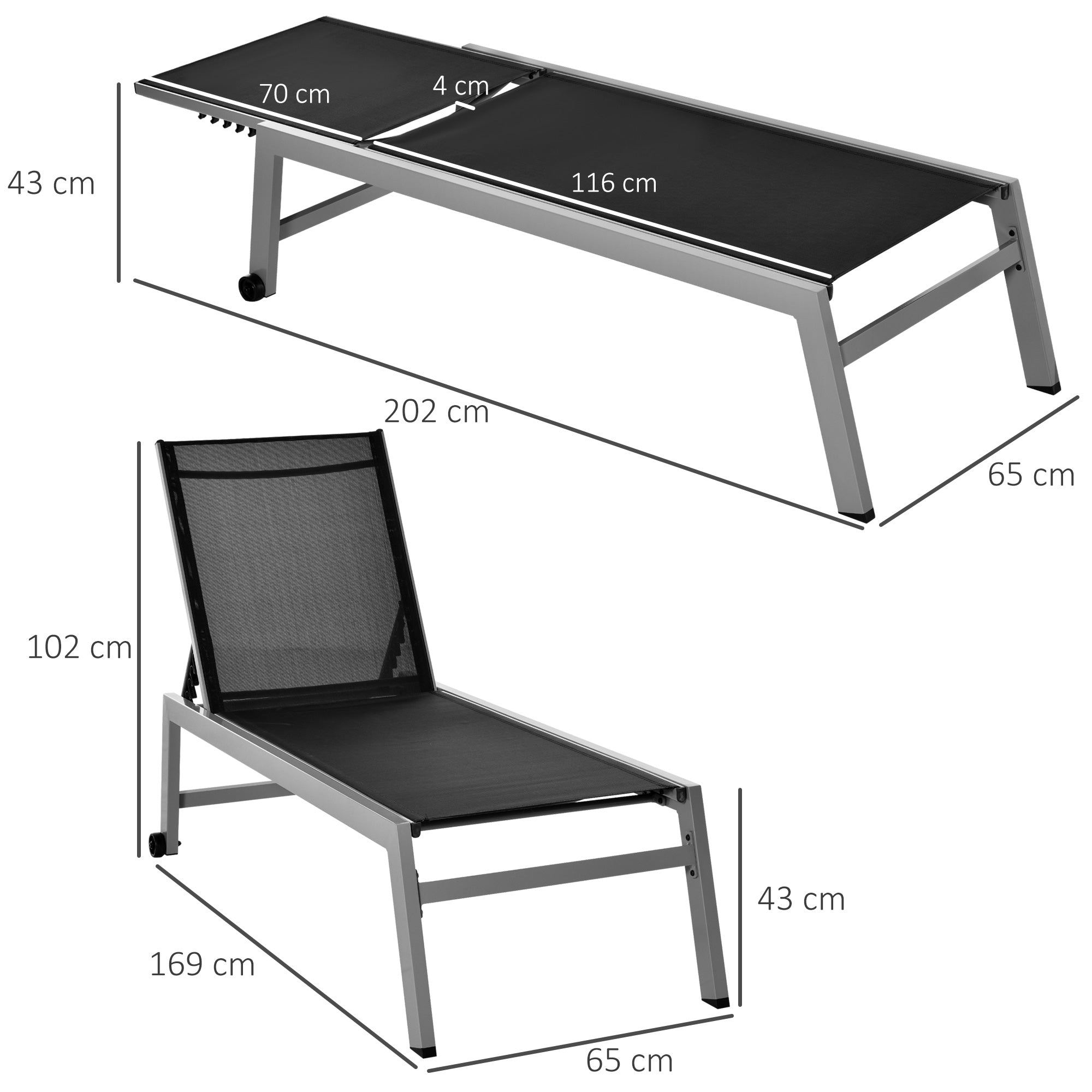 Sun Lounger, Garden Lounger, 5-Position Backrest, Aluminum, Black, 202 x 65 x 43 cm