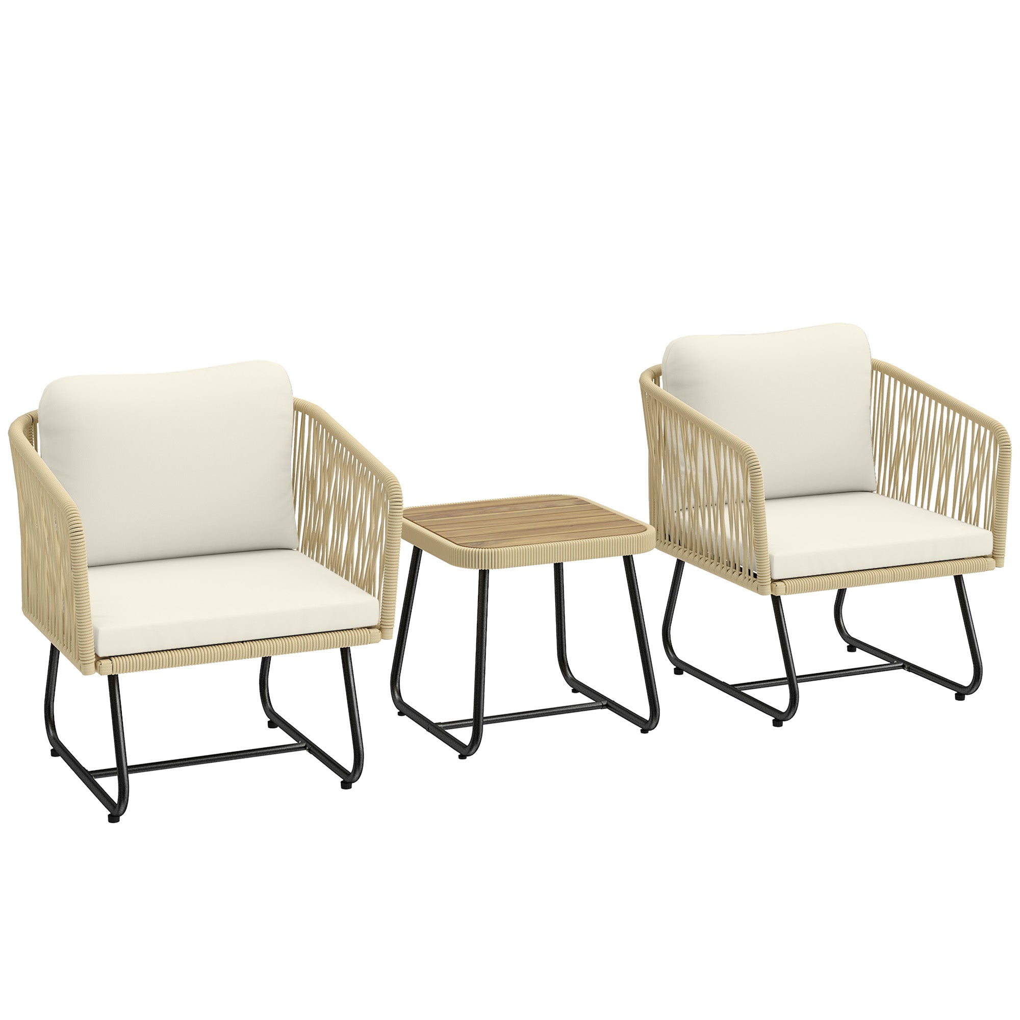 3-Piece Rattan Bistro Set with Acacia Slatted Table & 2 Padded Chairs, Cream White