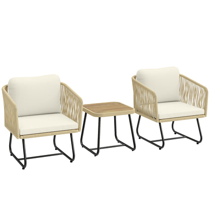 3-Piece Rattan Bistro Set with Acacia Slatted Table & 2 Padded Chairs, Cream White