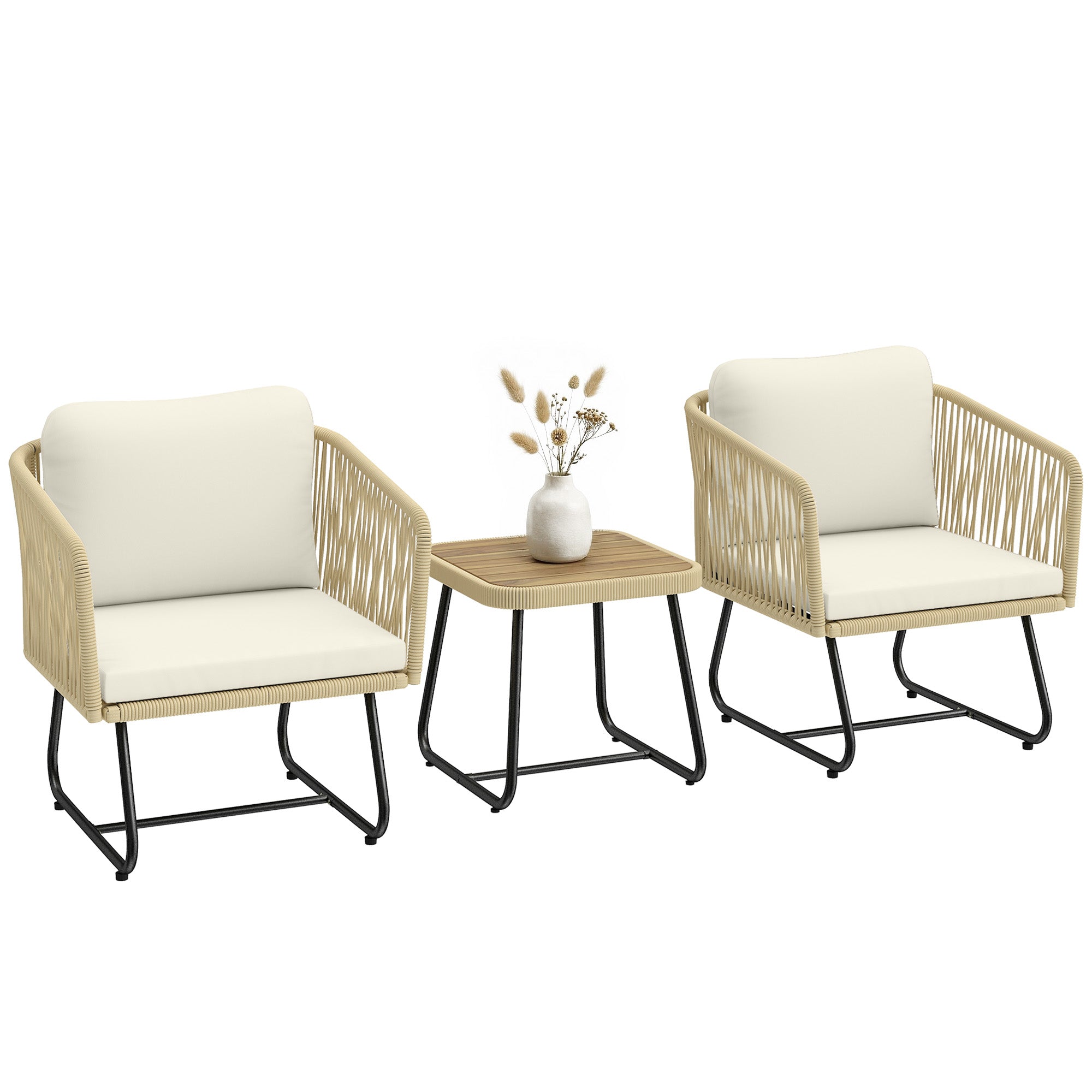 3-Piece Rattan Bistro Set with Acacia Slatted Table & 2 Padded Chairs, Cream White