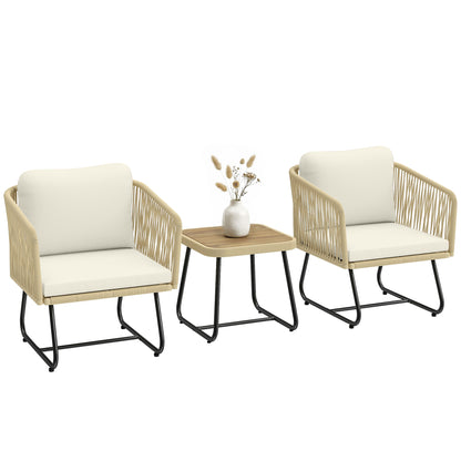 3-Piece Rattan Bistro Set with Acacia Slatted Table & 2 Padded Chairs, Cream White