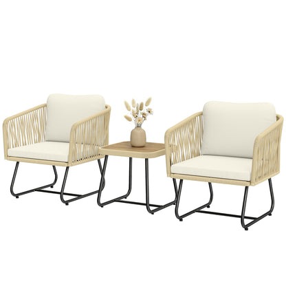 3-Piece Rattan Bistro Set with Acacia Slatted Table & 2 Padded Chairs, Cream White