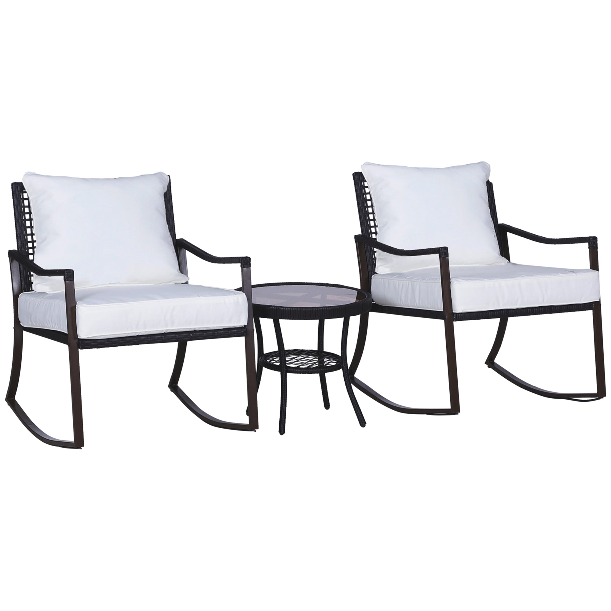Rattan Rocking Chair Set 3 PCS. Patio Furniture with Side Table Rocking Chairs Cushions Padded Cushion Balcony Furniture Set for 2 Persons Outdoor Seating Group for Garden Balcony Brown