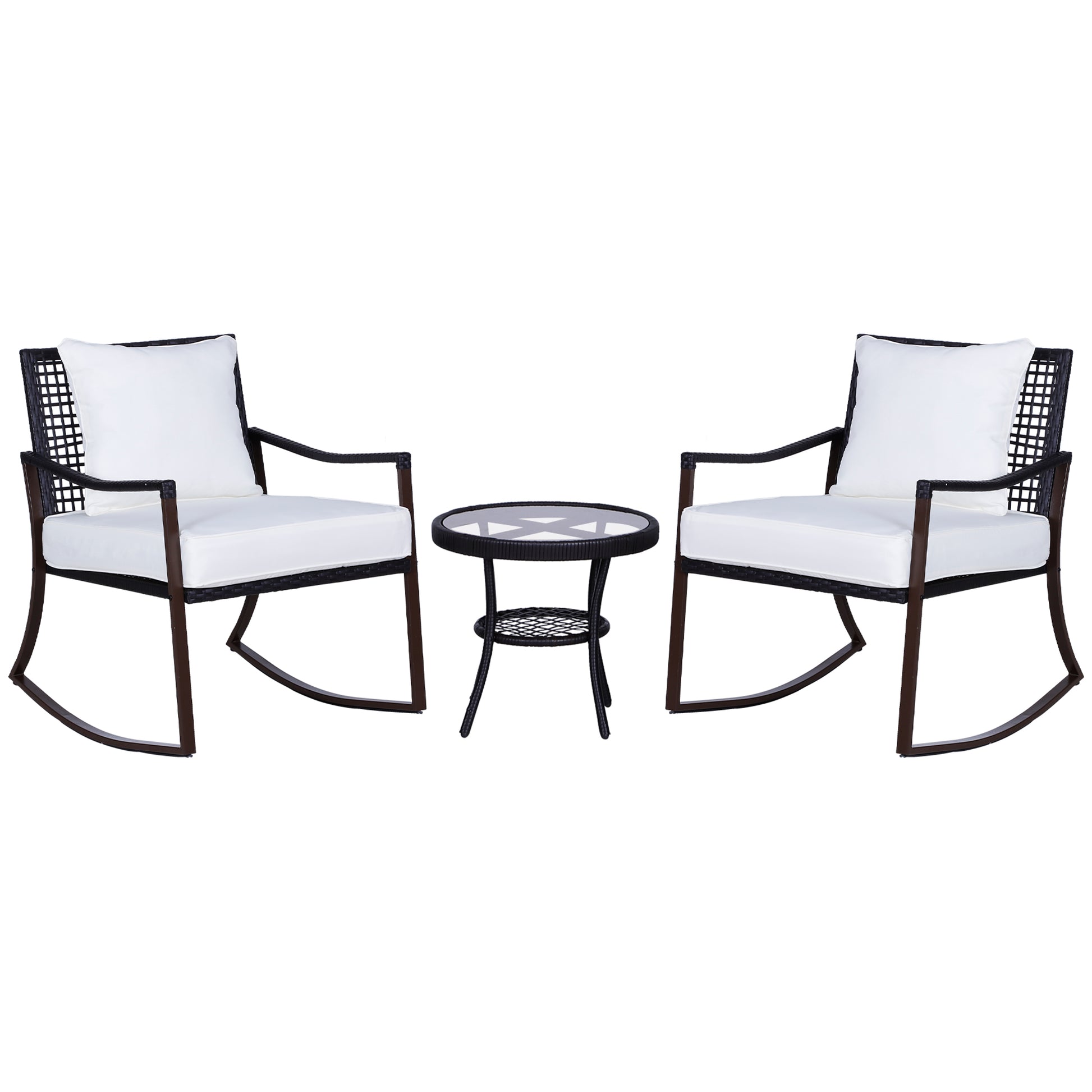 Rattan Rocking Chair Set 3 PCS. Patio Furniture with Side Table Rocking Chairs Cushions Padded Cushion Balcony Furniture Set for 2 Persons Outdoor Seating Group for Garden Balcony Brown