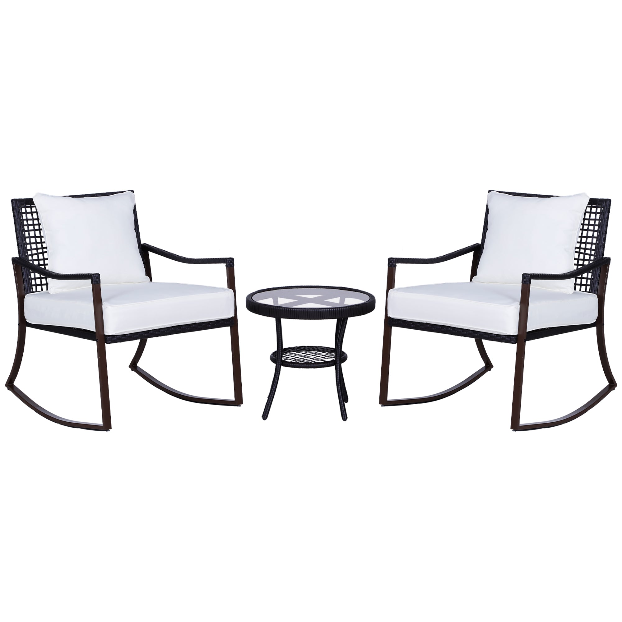 Rattan Rocking Chair Set 3 PCS. Patio Furniture with Side Table Rocking Chairs Cushions Padded Cushion Balcony Furniture Set for 2 Persons Outdoor Seating Group for Garden Balcony Brown