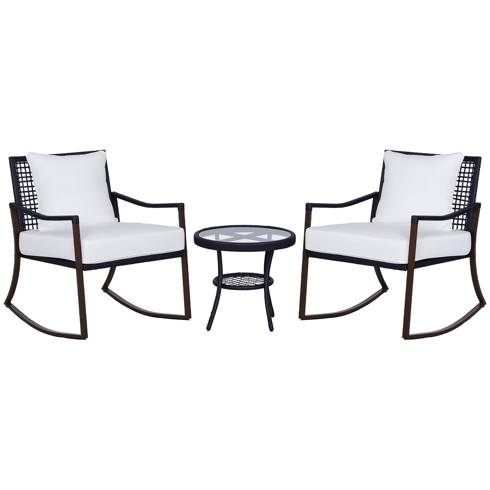 Rattan Rocking Chair Set 3 PCS. Patio Furniture with Side Table Rocking Chairs Cushions Padded Cushion Balcony Furniture Set for 2 Persons Outdoor Seating Group for Garden Balcony Brown