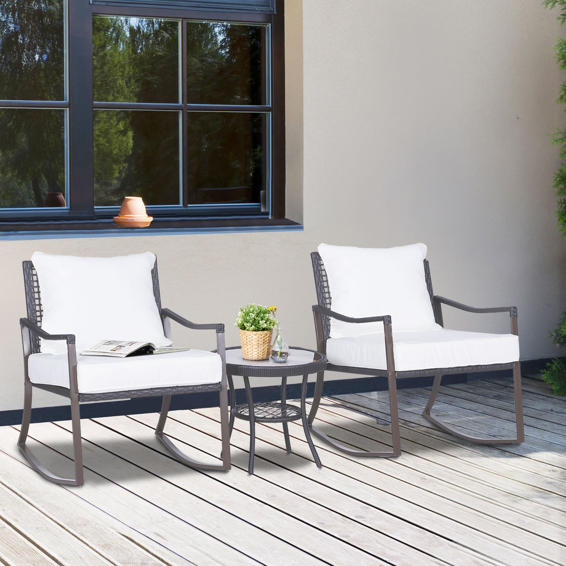 Rattan Rocking Chair Set 3 PCS. Patio Furniture with Side Table Rocking Chairs Cushions Padded Cushion Balcony Furniture Set for 2 Persons Outdoor Seating Group for Garden Balcony Brown