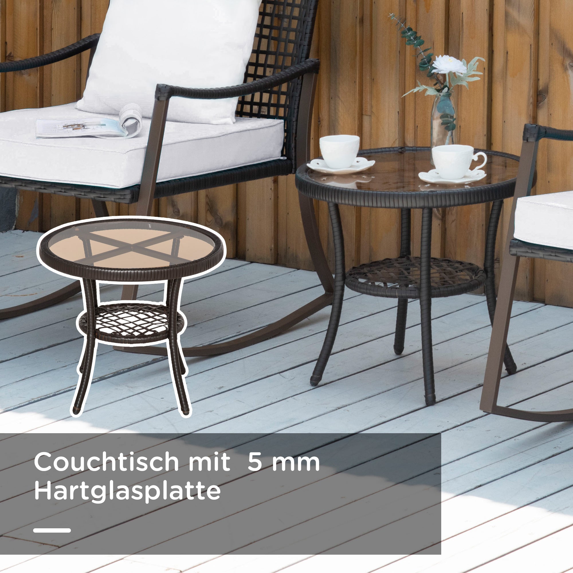 Rattan Rocking Chair Set 3 PCS. Patio Furniture with Side Table Rocking Chairs Cushions Padded Cushion Balcony Furniture Set for 2 Persons Outdoor Seating Group for Garden Balcony Brown