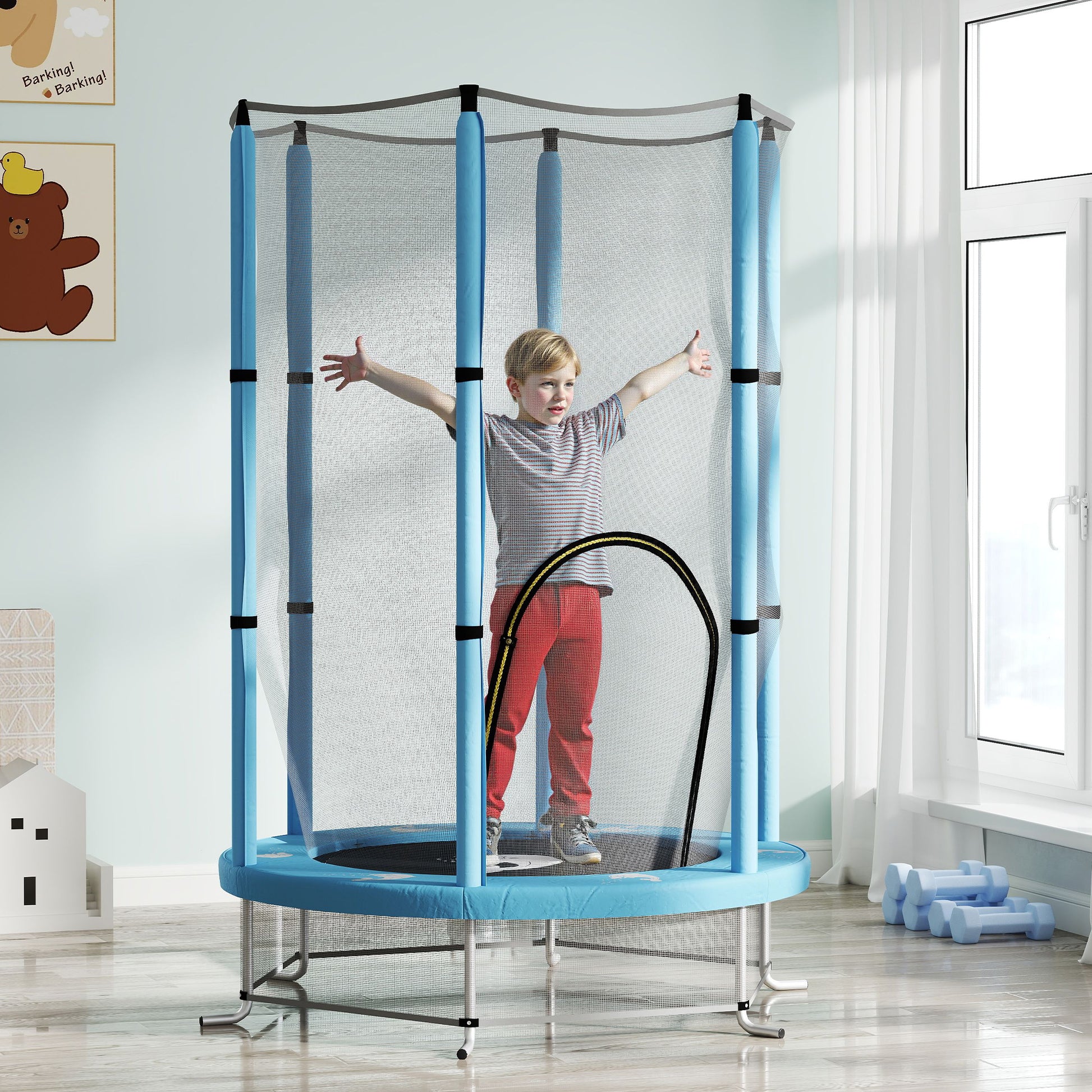 Kids Trampoline Ø140cm Outdoor Trampoline for Kids with Safety Net Zipper Bungee Cord Edge Cover, Garden Trampoline with Cloud Pattern, for Indoor and Outdoor
