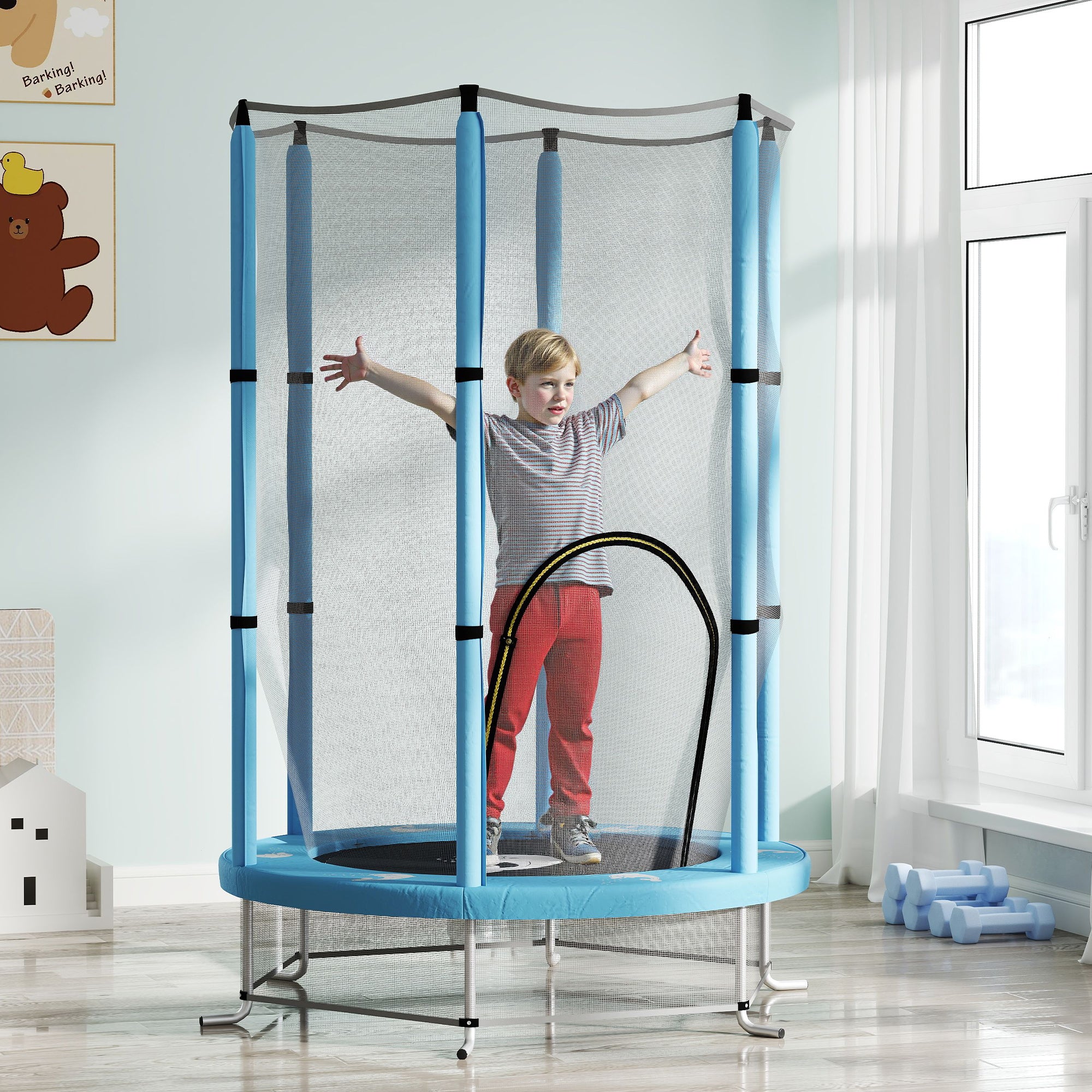 Kids Trampoline Ø140cm Outdoor Trampoline for Kids with Safety Net Zipper Bungee Cord Edge Cover, Garden Trampoline with Cloud Pattern, for Indoor and Outdoor